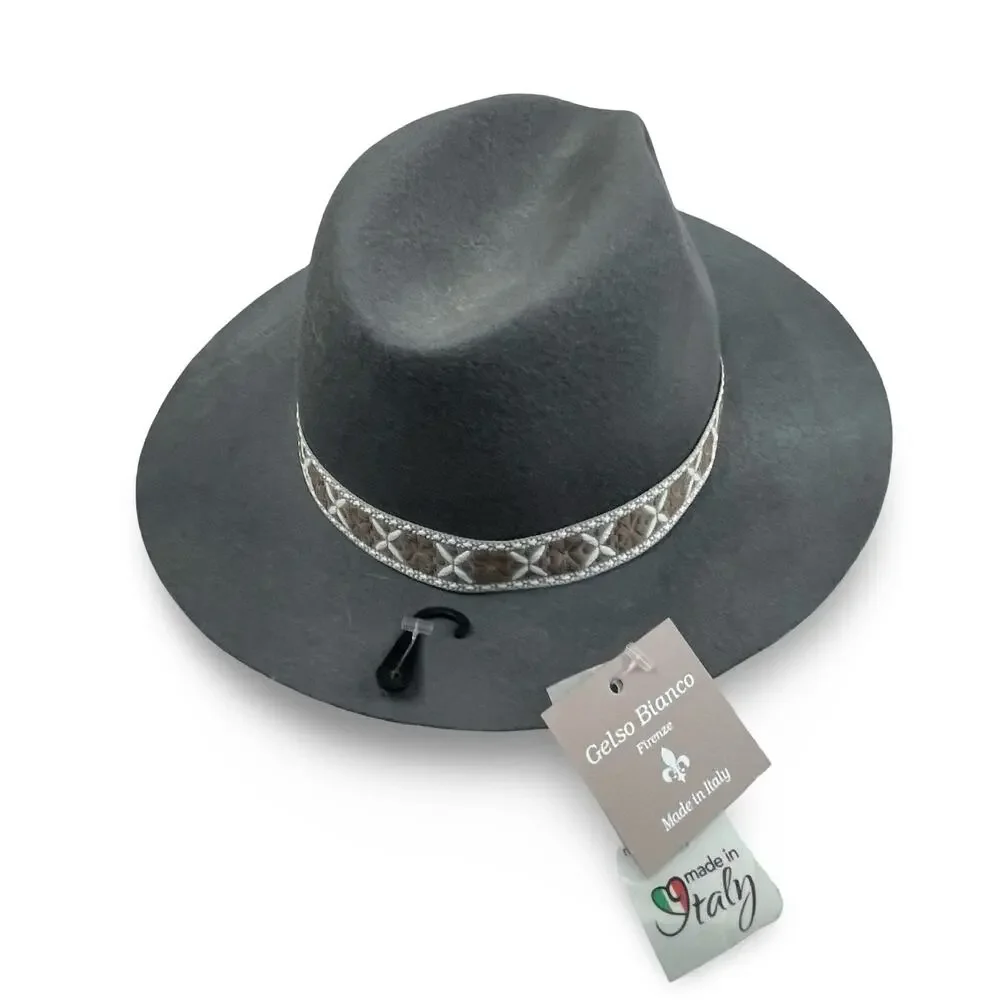 Gelso Bianco Italy Fedora Hat Gray 100% Wool NWT Chain Link Trim Made in Italy